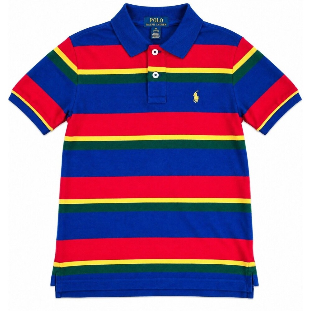 Boys Polo Ralph Lauren Polo Shirt Medium 10-12 Blue Red Striped Pony Logo